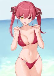 Rule 34 | 1girl, absurdres, aneal (syuuumaeee), bare shoulders, beach, bikini, bikini pull, blush, breasts, cleavage, clothes pull, collarbone, cowboy shot, day, eyebrows hidden by hair, hair ribbon, halterneck, heterochromia, highres, hololive, houshou marine, houshou marine (summer), large breasts, legs together, looking at viewer, navel, ocean, open mouth, outdoors, red bikini, red eyes, red hair, red ribbon, ribbon, sharp teeth, smile, solo, standing, strap lift, swimsuit, teeth, thigh gap, twintails, virtual youtuber, yellow eyes
