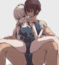Rule 34 | 2girls, blonde hair, blue eyes, breasts, brown hair, carrying, carrying person, competition school swimsuit, dark-skinned female, dark skin, gym uniform, hands on another&#039;s thighs, height difference, highres, kei (m k), large breasts, long hair, m k, multiple girls, original, ponytail, red eyes, rika (m k), school swimsuit, short hair, simple background, size difference, sweat, swimsuit, tall, tall female, tan, tomboy, yuri