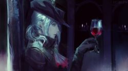 Rule 34 | 1girl, blood, blood stain, bloodborne, blood on clothes, chair, cup, drinking glass, gem, gloves, green eyes, hat, highres, keibleh, lady maria of the astral clocktower, ponytail, tricorne, white hair, wine glass