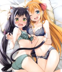 Rule 34 | 2girls, absurdres, ahoge, animal ear fluff, animal ears, bare shoulders, black hair, blue bra, blue eyes, blue panties, blush, bra, braid, breasts, cat ears, cat girl, cat tail, cleavage, clothing cutout, collarbone, cropped, green bra, green eyes, green panties, hairband, hand on another&#039;s head, highres, karyl (princess connect!), large breasts, long hair, looking at viewer, low twintails, medium breasts, multicolored hair, multiple girls, natsume eri, navel, non-web source, open mouth, orange hair, panties, pecorine (princess connect!), princess connect!, scan, side braid, smile, streaked hair, tail, tail through clothes, thighs, twintails, underwear, underwear only, very long hair