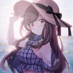 Rule 34 | 1girl, black ribbon, breasts, brown footwear, brown hair, from side, hat, highres, holding, holding clothes, holding hat, idolmaster, idolmaster shiny colors, large breasts, light smile, looking at viewer, ribbon, shigure ui, solo, sun hat, sunlight, tsukioka kogane