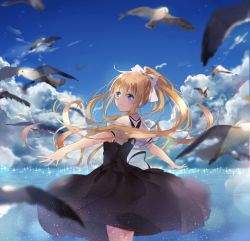Rule 34 | 1girl, absurdres, air (visual novel), bad id, bad pixiv id, bird, blonde hair, blue eyes, blue sky, blurry, cloud, cloudy sky, cowboy shot, day, depth of field, dress, hair ribbon, highres, kamio misuzu, kona (mmmkona), long hair, looking away, ocean, outdoors, outstretched arms, ponytail, ribbon, seagull, short sleeves, sky, smile, solo, sparkle, spread arms, very long hair, water, white ribbon