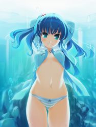 Rule 34 | 1girl, air bubble, arms behind head, arms up, blue eyes, blue hair, blue theme, bow, bow panties, bubble, cowboy shot, female focus, floating hair, grin, hair bobbles, hair ornament, highres, hinohoshi ataru, kawashiro nitori, long sleeves, looking at viewer, matching hair/eyes, midriff, navel, no bra, no pants, open clothes, open shirt, panties, sany, shirt, short hair, smile, solo, striped clothes, striped panties, touhou, twintails, two side up, underwater, underwear
