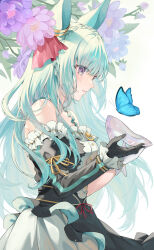 Rule 34 | 1girl, absurdres, animal ears, aqua hair, asymmetrical gloves, asymmetrical sleeves, bare shoulders, black dress, black gloves, blush, braid, breasts, bug, butterfly, crown braid, dress, flower, glass slipper, gloves, hands up, highres, holding, holding shoes, horse ears, insect, long hair, mejiro ardan (umamusume), mismatched gloves, nobell (bell no5), off-shoulder dress, off shoulder, parted lips, purple eyes, shoes, sideways mouth, small breasts, solo, tearing up, tears, umamusume, uneven sleeves, upper body, white gloves