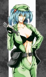 Rule 34 | 1girl, aged up, alternate costume, belt, blue hair, bra, breasts, cleavage, cosplay, eva (metal gear), eva (mgs) (cosplay), female focus, fingerless gloves, gloves, green eyes, green hair, hair bobbles, hair ornament, hat, jumpsuit, kawashiro nitori, large breasts, lips, matching hair/eyes, metal gear (series), metal gear solid 3: snake eater, nakarai takumi, navel, open clothes, solo, touhou, twintails, two side up, underwear, wrench