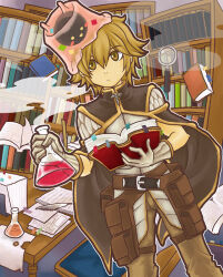 Rule 34 | 1boy, belt, book, bookshelf, brown belt, brown cape, brown eyes, brown hair, brown pants, cape, closed mouth, commentary request, creator (ragnarok online), dutch angle, erlenmeyer flask, expressionless, feet out of frame, flask, gloves, hair between eyes, holding, holding book, library, long bangs, magnifying glass, male focus, minorigo flow, pants, papers, pouch, quill, ragnarok online, shirt, short hair, slime (creature), vanilmirth (ragnarok online), white gloves, white shirt