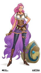 Rule 34 | 1girl, absurdres, black pants, boots, brown footwear, brown gloves, corset, den (denwhat), full body, gloves, hand on own hip, high heel boots, high heels, highres, holding, knee boots, league of legends, legends of runeterra, long hair, multicolored hair, pants, pink hair, puffy short sleeves, puffy sleeves, seraphine (league of legends), shiny clothes, shirt, short sleeves, simple background, skirt, solo, standing, two-tone hair, white background, white shirt
