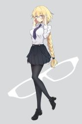 Rule 34 | 1girl, adapted costume, alternate costume, belt, black pantyhose, black skirt, blonde hair, blue eyes, boots, braid, breasts, collared shirt, fate/apocrypha, fate/grand order, fate (series), glasses, grey background, hands on eyewear, high heel boots, high heels, highres, jeanne d&#039;arc (fate), jeanne d&#039;arc (girl from orleans) (fate), kabutomushi s, large breasts, long braid, long hair, looking at viewer, necktie, pantyhose, pleated skirt, purple necktie, shirt, skirt, solo, standing, standing on one leg, very long hair, white shirt