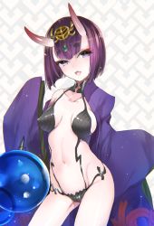 Rule 34 | 1girl, blush, breasts, eyebrows, fangs, fate/grand order, fate (series), fujisaka kuuki, hair ornament, horns, japanese clothes, kimono, looking at viewer, navel, off shoulder, oni, open clothes, open kimono, open mouth, purple eyes, purple hair, short eyebrows, short hair, shuten douji (fate), sideboob, smile, solo, standing
