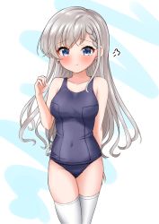 Rule 34 | 1girl, :t, puff of air, bad id, bad pixiv id, bare arms, bare shoulders, blue background, blue eyes, blue one-piece swimsuit, blush, braid, braided bangs, breasts, closed mouth, collarbone, covered navel, earrings, grey hair, hand up, highres, hisakawa hayate, idolmaster, idolmaster cinderella girls, idolmaster cinderella girls starlight stage, jewelry, long hair, looking at viewer, medium breasts, mitsumine raimu, old school swimsuit, one-piece swimsuit, pout, school swimsuit, solo, swimsuit, thighhighs, two-tone background, very long hair, white background, white thighhighs