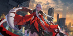 Rule 34 | 1girl, absurdres, black skirt, breasts, building, cloud, cloudy sky, cowboy shot, floating hair, forever 7th capital, hairband, highres, layered skirt, long hair, looking away, medium breasts, outdoors, outstretched arms, red eyes, red shirt, shirt, silver hair, skirt, sky, solo, standing, swd3e2, very long hair