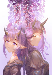 Rule 34 | 2girls, absurdres, arknights, bare shoulders, black dress, closed eyes, dress, dual persona, gradient background, highres, horns, innoarukugyou, lava (arknights), lava the purgatory (arknights), long hair, looking at viewer, multiple girls, off shoulder, pointy ears, purple background, purple eyes, purple hair, short hair, twintails, upper body, white background