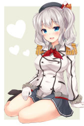 Rule 34 | 10s, 1girl, beret, black socks, blue eyes, breasts, buttons, commentary request, epaulettes, feet, frilled sleeves, frills, gloves, hat, highres, kantai collection, kashima (kancolle), kerchief, kneehighs, large breasts, looking at viewer, military, military uniform, miniskirt, no shoes, open mouth, pleated skirt, red ribbon, ribbon, sidelocks, silver hair, sitting, skirt, smile, socks, solo, suna (transports), tsurime, twintails, uniform, wavy hair, white gloves, yokozuwari