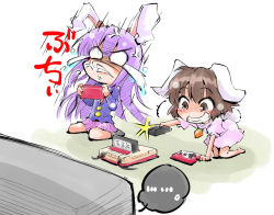 Rule 34 | +++, ..., 2girls, anger vein, angry, animal ears, brown eyes, brown hair, evil grin, evil smile, famicom, game console, grin, inaba tewi, long hair, multiple girls, purple hair, rabbit ears, rabbit girl, rabbit tail, reisen udongein inaba, shinapuu, smile, tail, tears, television, touhou