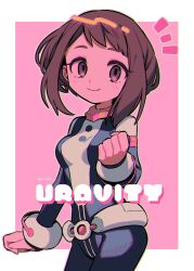 Rule 34 | 1girl, artist name, blush, boku no hero academia, breasts, brown hair, highres, looking at viewer, medium breasts, menma (enaic31), pink background, short hair, smile, solo, superhero costume, twitter username, uraraka ochako