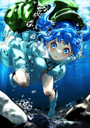 Rule 34 | 1girl, absurdres, air bubble, backpack, bag, blue eyes, blue hair, blue shirt, blue skirt, boots, bubble, closed mouth, diving, freediving, hair bobbles, hair ornament, hat, highres, kawashiro nitori, key, long sleeves, looking down, medium hair, outstretched arms, outstretched hand, rubber boots, shirt, short twintails, skirt, skirt set, solo, spread fingers, submerged, taiju (gr09kuma), touhou, twintails, two side up, underwater, water