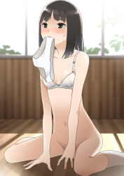 Rule 34 | 1girl, bare shoulders, blunt bangs, blurry, blurry background, blush, bottomless, bow, bow bra, bra, breasts, brown eyes, brown hair, cleavage, collarbone, commentary, covering privates, covering crotch, crying, crying with eyes open, depth of field, foliage, groin, hands on ground, highres, holding, holding clothes, holding panties, holding underwear, indoors, kneehighs, looking afar, looking ahead, looking up, medium hair, mouth hold, navel, nose blush, on floor, original, panties, panties in mouth, pen-racket, polka dot, polka dot bra, polka dot panties, sitting, small breasts, socks, solo, tearing up, tears, underwear, wariza, white bra, white panties, white socks, window
