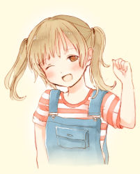 Rule 34 | 1girl, blush, brown eyes, brown hair, child, fang, female focus, hand up, head tilt, long hair, looking at viewer, one eye closed, open mouth, original, overalls, pink background, shirt, short sleeves, simple background, smile, solo, striped clothes, striped shirt, t-shirt, twintails, upper body, wink, yoshioka mitsuko