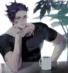 Rule 34 | 1boy, bara, black shirt, blue eyes, closed mouth, coffee mug, cup, earrings, facial tattoo, glasses, hand on own hip, highres, jewelry, looking at viewer, male focus, mug, muscular, muscular male, neck tattoo, original, pigeon666, pinky ring, plant, pov across table, purple hair, rimless eyewear, ring, shirt, short hair, short sleeves, signature, simple background, smile, solo, tattoo, upper body, veins, white background