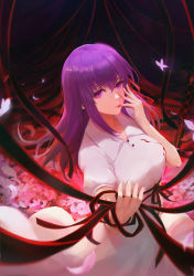 Rule 34 | 1girl, black ribbon, blood, blood from mouth, blood on clothes, blurry, breasts, bug, butterfly, depth of field, dress, eyebrows hidden by hair, fate/stay night, fate (series), hair between eyes, highres, insect, kyori, large breasts, long hair, matou sakura, official alternate costume, petals, purple eyes, purple hair, ribbon, solo, white dress