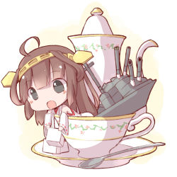 Rule 34 | 10s, 1girl, ahoge, black eyes, brown hair, chibi, cup, detached sleeves, giwa, hairband, highres, japanese clothes, kantai collection, kongou (kancolle), long hair, machinery, nontraditional miko, open mouth, solo, spoon, sugar cube, teacup, teapot, turret, wide sleeves