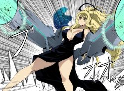 Rule 34 | 1girl, aoi cassandra, black dress, blonde hair, breasts, cleavage, dress, female focus, firing, freezing (series), highres, jewelry, large breasts, necklace, serious, solo, standing, weapon, yellow eyes