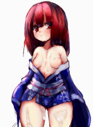 Rule 34 | 1girl, absurdres, akai ikuto, bare shoulders, blush, breasts, convenient censoring, cum, cum on body, cum on lower body, cum on upper body, facial, highres, japanese clothes, kimono, long hair, looking at viewer, no bra, off shoulder, original, red eyes, red hair, short kimono, short yukata, simple background, sleeves past wrists, small breasts, solo, thighs, white background, yukata