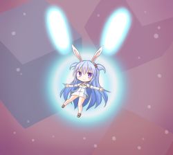 Rule 34 | 1girl, animal ears, blue hair, blush, chibi, commentary, detached sleeves, dress, english commentary, eyes visible through hair, frr (akf-hs), hair bobbles, hair ornament, highres, long hair, looking at viewer, noah (rabi ribi), outstretched arms, purple eyes, rabbit ears, rabi-ribi, smile, solo, spread arms, two side up, very long hair