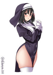 Rule 34 | 1girl, alternate costume, brown eyes, brown hair, dress, ebifurya, gloves, habit, haguro (kancolle), hair ornament, highres, kantai collection, long sleeves, looking at viewer, nun, one-hour drawing challenge, open mouth, own hands clasped, own hands together, pelvic curtain, purple dress, simple background, solo, thighhighs, thighs, twitter, white background, white gloves, white thighhighs