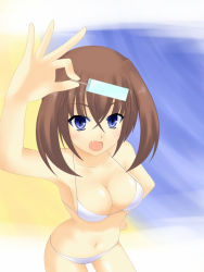 Rule 34 | 1girl, arm up, bad id, bad pixiv id, bare shoulders, beach, bikini, blue eyes, breasts, brown hair, cleavage, fang, food, hand on own hip, izumi sai, large breasts, navel, open mouth, popsicle, short hair, solo, swimsuit, white bikini