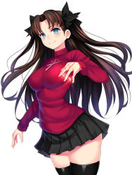 Rule 34 | 1girl, black hair, black ribbon, black skirt, black thighhighs, blue eyes, blush, breasts, cowboy shot, fate/stay night, fate (series), gem, hair ribbon, highres, holding, holding gem, jewelry, large breasts, legs, long hair, long sleeves, looking at viewer, nano (syoutamho), pleated skirt, red gemstone, red sweater, ribbon, simple background, skirt, smile, solo, sweater, thighhighs, tohsaka rin, two side up, type-moon, white background, zettai ryouiki