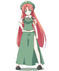 Rule 34 | 1girl, braid, clenched hands, coo (coonekocoo), female focus, green eyes, hat, highres, hong meiling, long hair, puffy sleeves, red hair, short sleeves, solo, standing, star (symbol), touhou, twin braids, very long hair