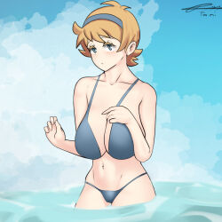 Rule 34 | 1girl, absurdres, beach, bikini, blue eyes, breasts, brown hair, cleavage, female focus, hair ornament, hairband, highres, huge breasts, large breasts, little witch academia, looking at viewer, lotte jansson, medium hair, partially undressed, solo, swimsuit, t-mimi, water