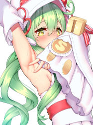 Rule 34 | 1girl, ahoge, akashi (azur lane), akashi (white cat&#039;s repayment) (azur lane), animal ears, arm up, armpit focus, armpits, azur lane, blush, breasts, cat ears, coin (ornament), commentary request, covered mouth, detached sleeves, dollar sign, dress, glint, green hair, hair between eyes, highres, hood, hood up, japanese clothes, jewelry, kimono, long hair, long sleeves, looking at viewer, mole, mole under eye, nose blush, ornate ring, presenting armpit, ring, sideboob, sidelocks, simple background, sleeveless, sleeveless kimono, sleeves past wrists, small breasts, solo, spread armpit, standing, sweat, tri tails, tsunokakushi, uchikake, upper body, ushimittsu, very long hair, wedding dress, wedding ring, white background, white kimono, white sleeves, yellow eyes