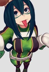 Rule 34 | 10s, absurdres, asui tsuyu, black eyes, black hair, boku no hero academia, breasts, domino mask, full body, gloves, goggles, goggles on head, hair rings, highres, large breasts, long hair, looking at viewer, mask, outstretched arm, simple background, sunna (nilsunna), tongue, tongue out, white background, white gloves