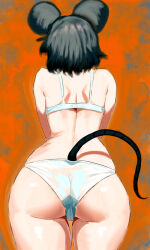 1girl animal_ears ass black_tail bra flandzen from_behind grey_hair highres huge_ass mouse_ears mouse_tail nazrin orange_background panties short_hair simple_background solo tail thighs touhou underwear white_bra white_panties