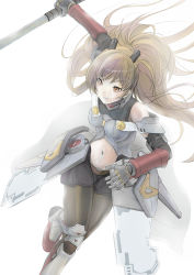 Rule 34 | 1girl, absurdres, black bow, black pantyhose, bow, brown hair, final gear, floating hair, hair behind ear, highres, holding, holding weapon, margaret (final gear), mechanical arms, navel, pantyhose, ponytail, red footwear, solo, supitaso., v-shaped eyebrows, weapon, white background