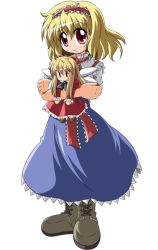 Rule 34 | 1girl, alice margatroid, blonde hair, boots, d.a, doll, dress, female focus, full body, red eyes, short hair, simple background, solo, touhou, transparent background