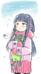 Rule 34 | 1girl, 1other, black cat, blue hair, blunt bangs, blush, cat, character name, coat, hamao, highres, idolmaster, idolmaster cinderella girls, red eyes, sajo yukimi, skirt, snow, solo, solo focus, speech bubble, straight hair, winter clothes, winter coat