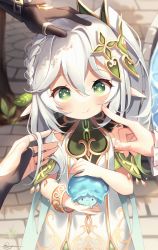 Rule 34 | 1girl, :t, absurdres, blush, braid, bridal gauntlets, cheek poking, day, dress, fungi (genshin impact), genshin impact, green eyes, green hair, hair between eyes, hair ornament, headpat, highres, holding, kuri (animejpholic), leaf, long hair, looking at viewer, multicolored hair, nahida (genshin impact), out of frame, outdoors, pointy ears, poking, pout, side ponytail, solo focus, symbol-shaped pupils, two-tone hair, white dress, white hair