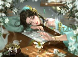 Rule 34 | 2girls, absurdres, artist request, bare shoulders, brown hair, butterfly wings, closed mouth, cup, detached sleeves, doupo cangqiong, dress, facial mark, fairy, flower, forehead mark, gu xun er (doupo cangqiong), hair ornament, highres, indoors, insect wings, multiple girls, second-party source, smoke, solo, spill, table, teacup, upper body, white dress, white flower, windowsill, wings