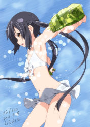 Rule 34 | 1girl, 2011, armpits, black hair, brown eyes, dated, dual wielding, errant, foreshortening, holding, k-on!, long hair, nakano azusa, outstretched arms, solo, spread arms, swimsuit, twintails, water gun