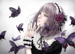 Rule 34 | 1girl, black dress, bug, butterfly, commentary request, dress, flower, frilled hairband, frills, grey background, hair flower, hair ornament, hairband, hand up, hands up, insect, nail polish, nuwanko, original, puffy short sleeves, puffy sleeves, purple eyes, rose, short hair, short sleeves, solo, upper body