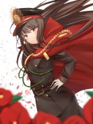 Rule 34 | 1girl, absurdres, blurry, brown hair, chain, cloak, closed mouth, cowboy shot, depth of field, dutch angle, fate (series), floating hair, flower, gloves, grey gloves, hand on own hip, hat, highres, koha-ace, long hair, looking at viewer, maosame, military, military hat, military uniform, oda nobunaga (fate), oda nobunaga (koha-ace), peaked cap, petals, red eyes, red flower, smile, solo, standing, uniform, white background