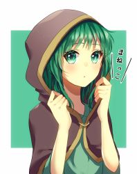 Rule 34 | 1girl, aryuma772, border, green background, green eyes, green hair, green shirt, gumi, highres, hood, hood up, long hair, looking at viewer, open mouth, shirt, solo, straight hair, upper body, vocaloid, white border