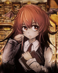 Rule 34 | 1girl, black vest, blurry, blurry background, book, bookshelf, breasts, bright pupils, brown wings, closed mouth, collared shirt, commentary request, demon girl, demon wings, denpa rasaito, expressionless, hand in own hair, head wings, highres, holding, holding book, koakuma, library, long hair, long sleeves, looking to the side, medium bangs, necktie, one-hour drawing challenge, red eyes, red hair, red necktie, shirt, sidelocks, small breasts, solo, touhou, upper body, vest, white pupils, white shirt, wings