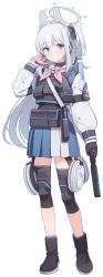 Rule 34 | 1girl, armband, blue archive, boots, expressions, full body, gloves, gun, halo, highres, knee pads, long hair, looking at viewer, miyako (blue archive), official art, bulletproof vest, pouch, purple eyes, rifle, school uniform, silver hair, solo, submachine gun, suomi kp/-31, suzume yuu, tactical clothes, transparent background, vest, weapon