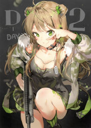 Rule 34 | 1girl, absurdres, anmi, arm up, blush, bow, breasts, brown hair, bullpup, camouflage, cleavage, closed mouth, counting, dog tags, double bun, dress, fur trim, girls&#039; frontline, green bow, green eyes, green legwear, gun, hair bow, hair bun, headset, highres, holding, holding gun, holding weapon, jacket, kel-tec rfb, long hair, looking at viewer, medium breasts, open clothes, open jacket, rfb (girls&#039; frontline), rifle, scan, semi-automatic firearm, semi-automatic rifle, short dress, smile, socks, solo, striped clothes, striped legwear, striped socks, v, vertical-striped clothes, vertical-striped socks, weapon