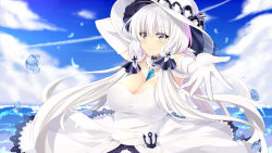 Rule 34 | 1girl, air bubble, anchor, azur lane, bare shoulders, black ribbon, blue eyes, blue gemstone, blue sky, breasts, bubble, cleavage, cloud, detached collar, dress, elbow gloves, gem, gloves, hair ribbon, hat, highres, illustrious (azur lane), lace, lace-trimmed dress, lace trim, large breasts, long hair, looking at viewer, ocean, outstretched arm, ramune (cherrykde), ribbon, sky, sleeveless, sleeveless dress, solo, strapless, strapless dress, sun hat, tri tails, upper body, very long hair, water, white dress, white gloves, white hair, white hat