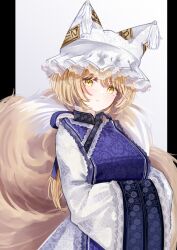 Rule 34 | 1girl, animal ears, blonde hair, blue dress, blush, breasts, closed mouth, dress, fox ears, fox tail, hands in opposite sleeves, hat, highres, large breasts, looking at viewer, mob cap, multiple tails, outside border, sarasadou dan, short hair, sleeves past fingers, sleeves past wrists, solo, tagme, tail, touhou, upper body, white hat, wide sleeves, yakumo ran, yellow eyes
